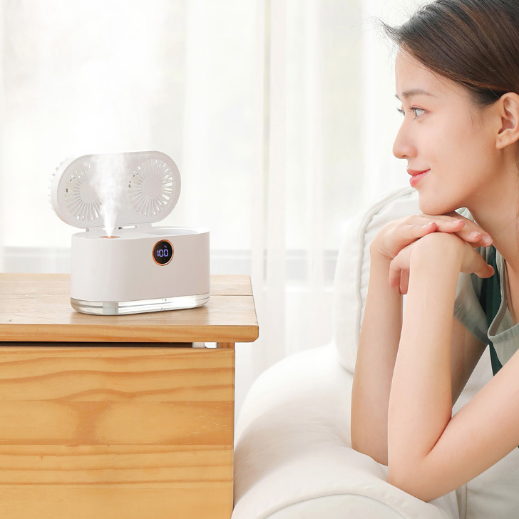 Neuer 2-in-1-ventilator Und Luftbefeuchter, Doppelkopf-sprühventilator, Mini-elektroventilator, Usb-aufladbarer Luftbefeuchter, Weiß