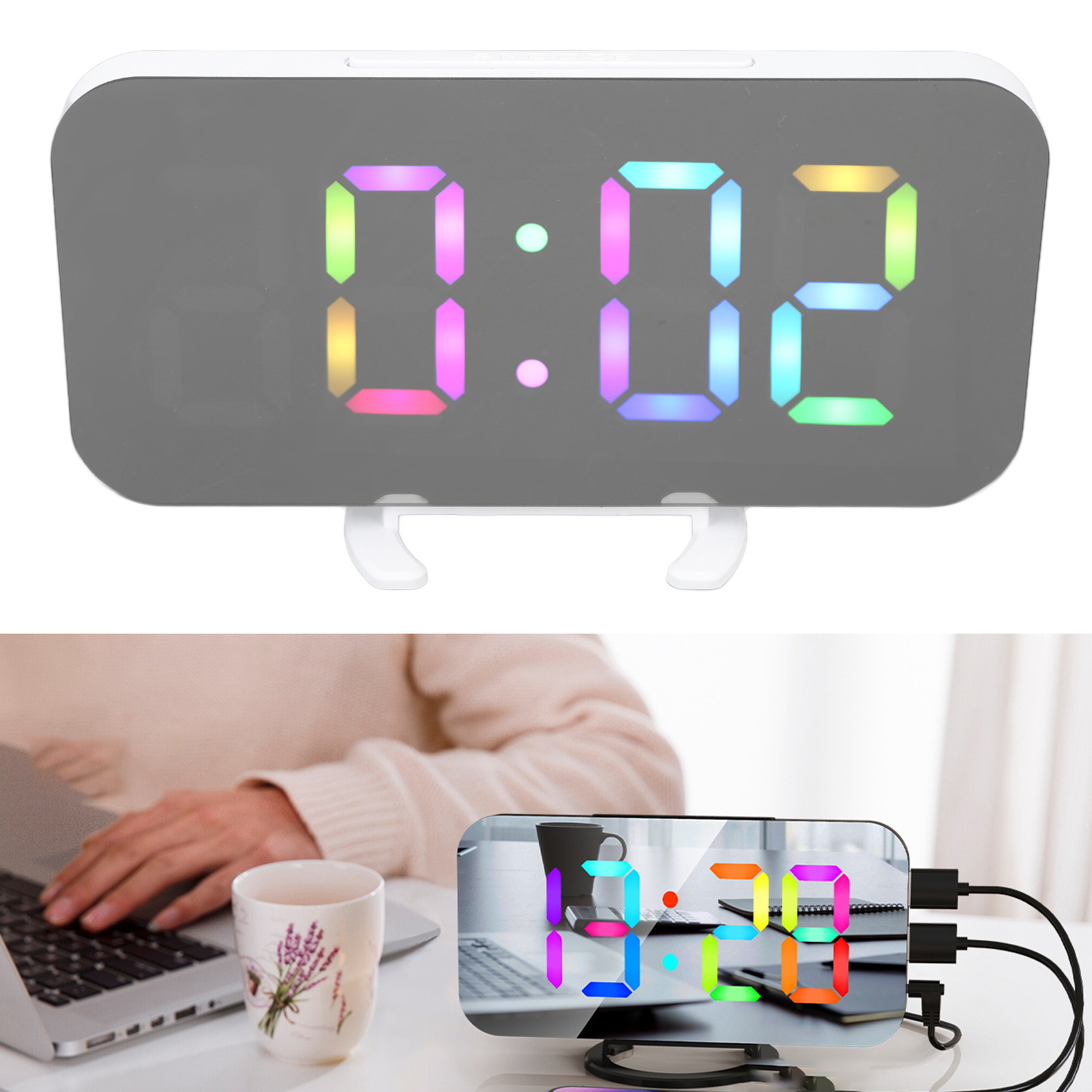 Elektronischer Wecker Mit 6,5-zoll-rgb-farbdisplay, Zwei Usb-anschlüssen Und Spiegelfunktion, Weiß