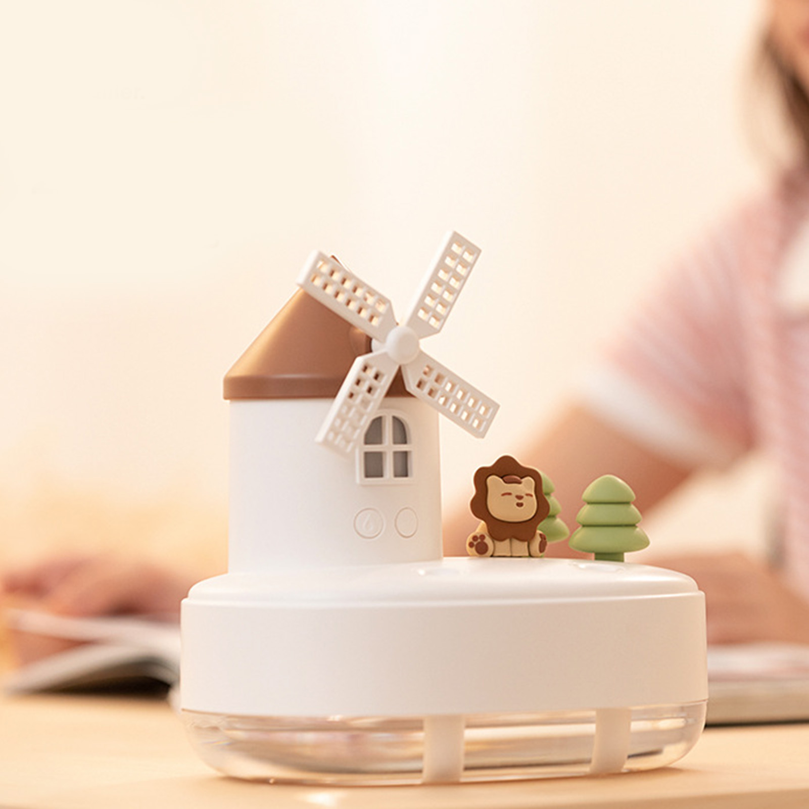 Musikalischer Windmühlen-luftbefeuchter, Kabelloser Mini-tischluftbefeuchter Mit Zwei Sprühdüsen, Niedliches Tierdesign, Mit Integriertem Akku, Weiß