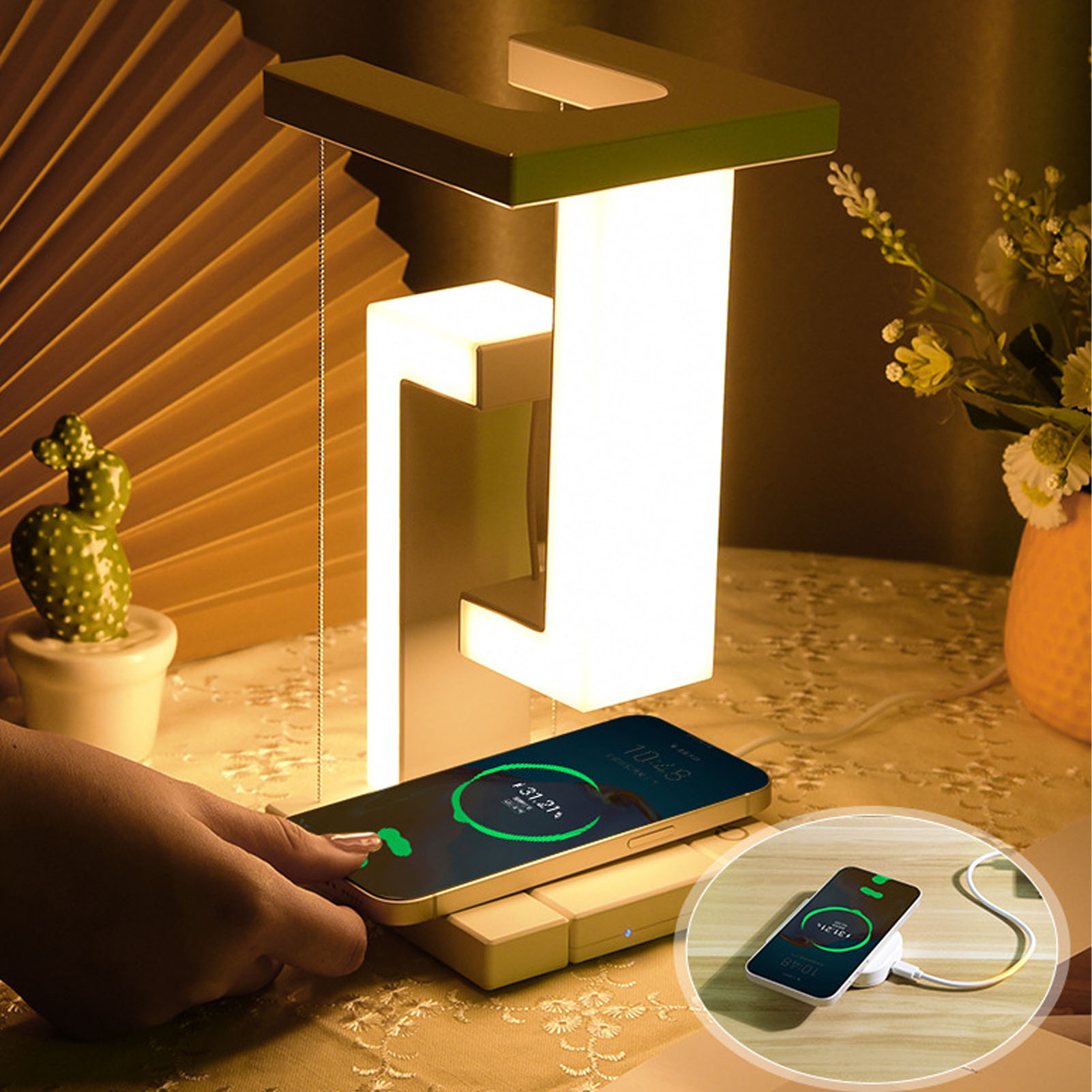 Schwebetischlampe Mit Kabelloser Ladefunktion, Led-nachttischlampe Mit Stauraum Und Kabellosem Handy-ladegerät, Schreibtisch-nachtlicht