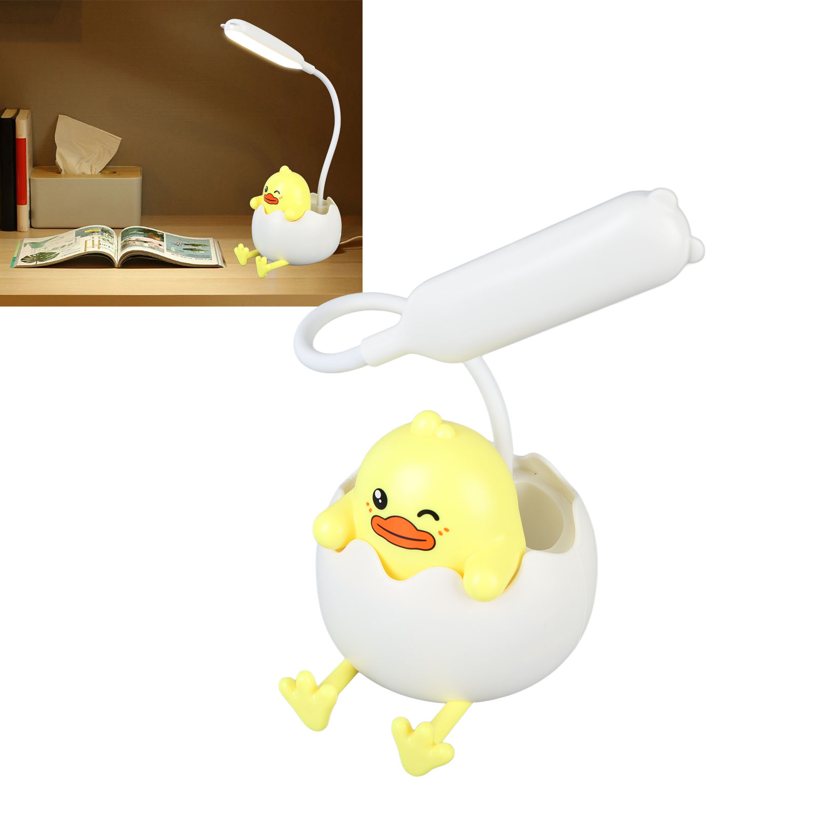 Kreative Led-nachttischlampe In Form Eines Enteneis, Augenschonend, Ideal Zum Lernen Und Lesen, Mit Stifthalter Und Usb-ladeanschluss.