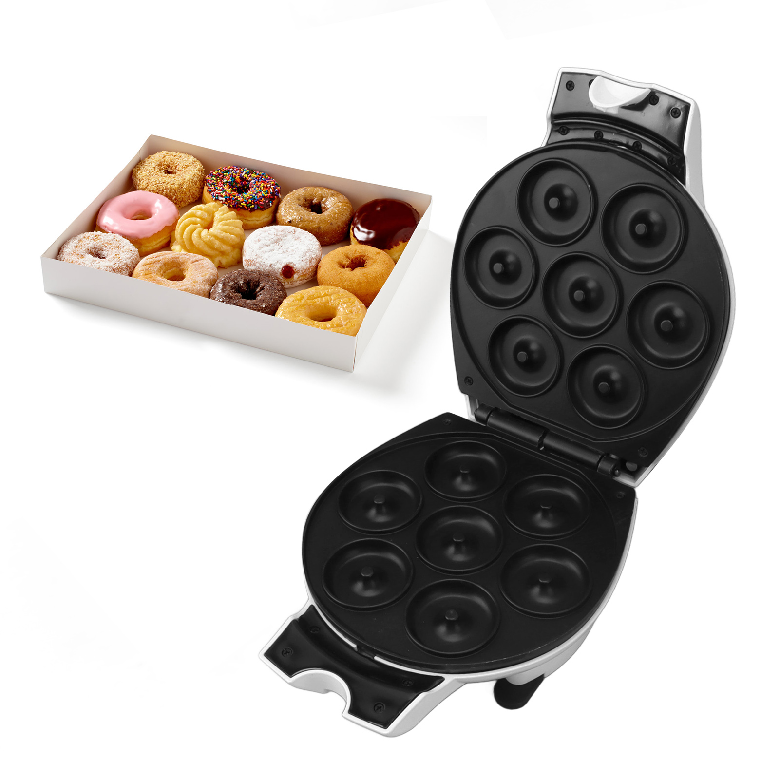 Donut-, Frühstücks- Und Kuchenmaschine, Bereitet 7 Donuts Gleichzeitig Zu, 750 W, Beidseitige Schnellheizung. Ideal Für Kinderfrühstücke, Leicht Zu Reinigen, Weiße Antihaftbeschichtung, Europäischer S