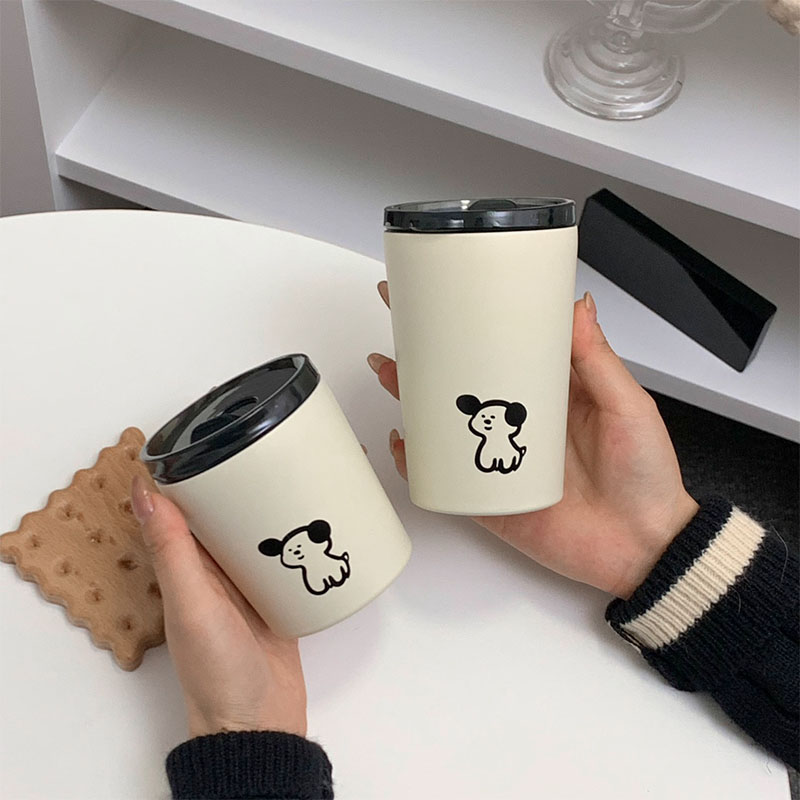 Koreanischer Becher Aus Mattiertem Edelstahl Mit Deckel, Niedliches Welpenmotiv, Kleiner, Kompakter Kaffeebecher Für Paare Und Frauen, 360 Ml.