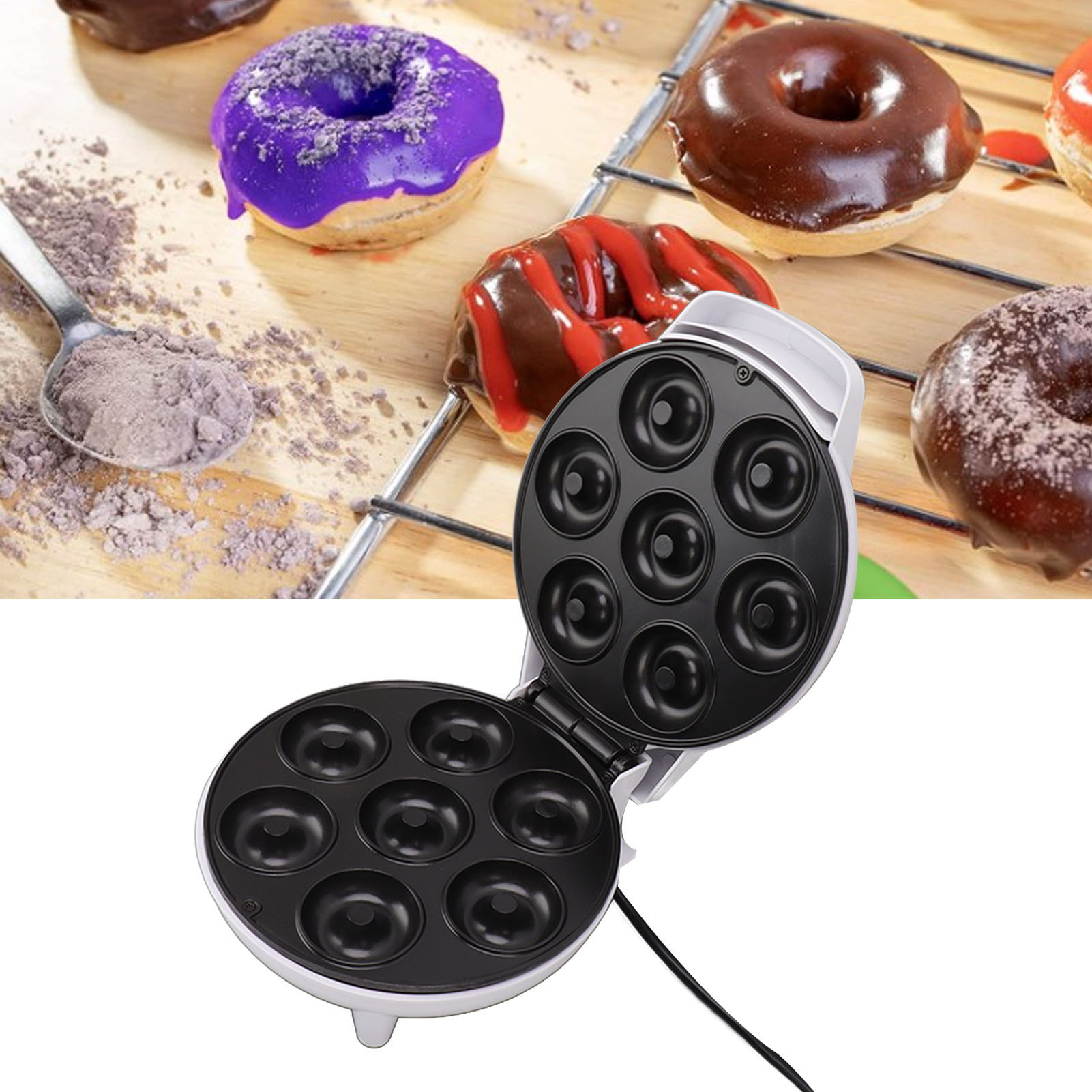 Mini-donut-maschine, Kinderkuchenmaschine, Elektrisch, Antihaftbeschichtung, Produziert 7 Mini-donuts/kuchen Pro Durchgang, Schokoladenbacken, Weiß, Europäischer Standard, 220 V.