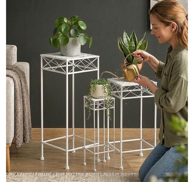 DanDiBo Blumenhocker Weiß Metall Eckig Blumenständer 96314 3er Set Beistelltisch Blumensäule Modern Pflanzenständer Pflanzenhocker