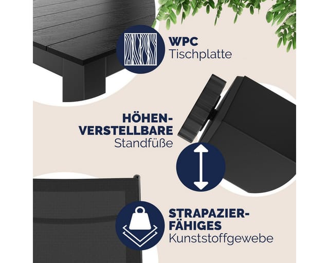 Gartenmöbel Set 6 Stühle mit wpc Tisch 140x80cm Aluminium Sicherheitsglas Wetterfest Klappbar Modern Terrasse Balkon Möbel Sitzgruppe Garnitur Bern
