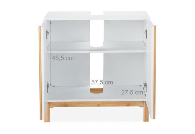 Waschbeckenunterschrank, 2 Fächer, Badschrank mdf & Bambus, Waschbeckenschrank hbt 60,5x60x30,5cm, Weiß/Natur - Relaxdays