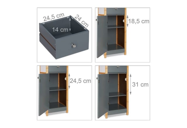 Hochschrank Bad, Badregal, Badezimmerschrank, 2-türig, aus mdf, mit Bambusrahmen, hbt 165 x 31,5 x 29 cm, grau - Relaxdays