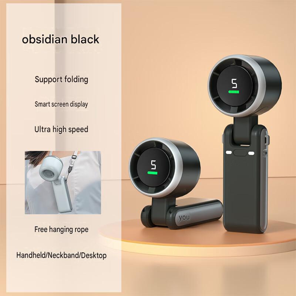 N607 Usb-wiederaufladbarer Nackenventilator, Lange Akkulaufzeit, Mini-faltventilator Mit 5 Geschwindigkeitsstufen Und Digitalanzeige, Tragbarer Outdoor-kühler, 1 Stück, Obsidianschwarz, 3600 Mah