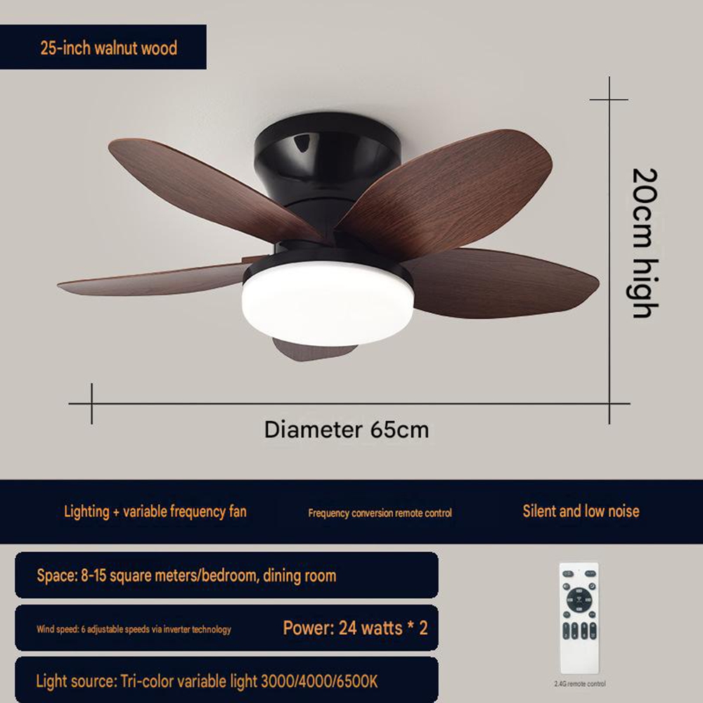 Deckenventilator Mit Geräuschloser Led-beleuchtung, 65 Cm (25 Zoll) Großen Flügeln In Walnussoptik, Frequenzumrichter, Für Schlafzimmer, Wohnzimmer Und Büro, 1 Stück, Walnuss