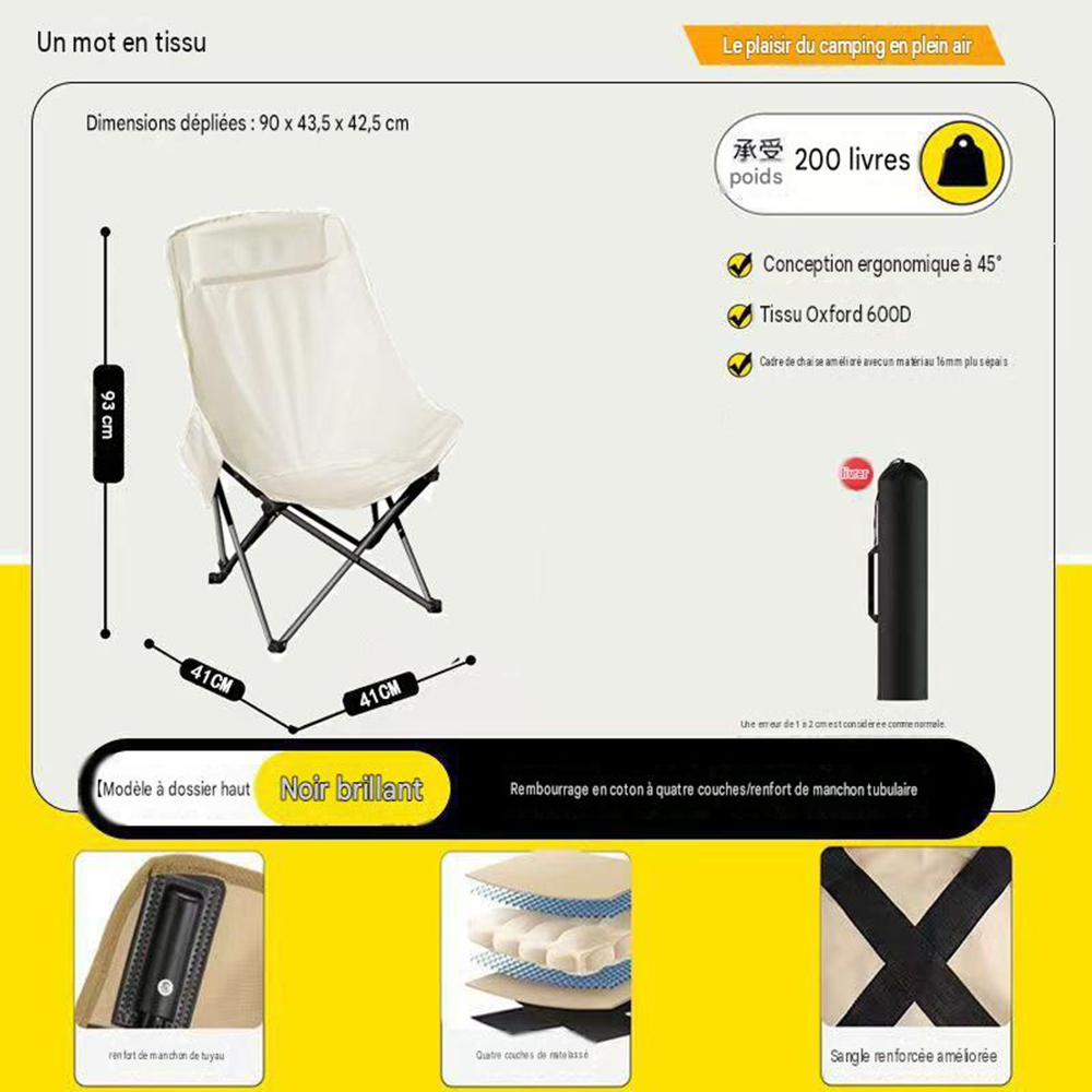 Klappbarer Mondstuhl Mit Hoher Rückenlehne Für Den Außenbereich – Tragbarer Stuhl Für Camping, Garten, Angeln Und Strand, Gerades Canvas, 1 Stück, Cremeweiß