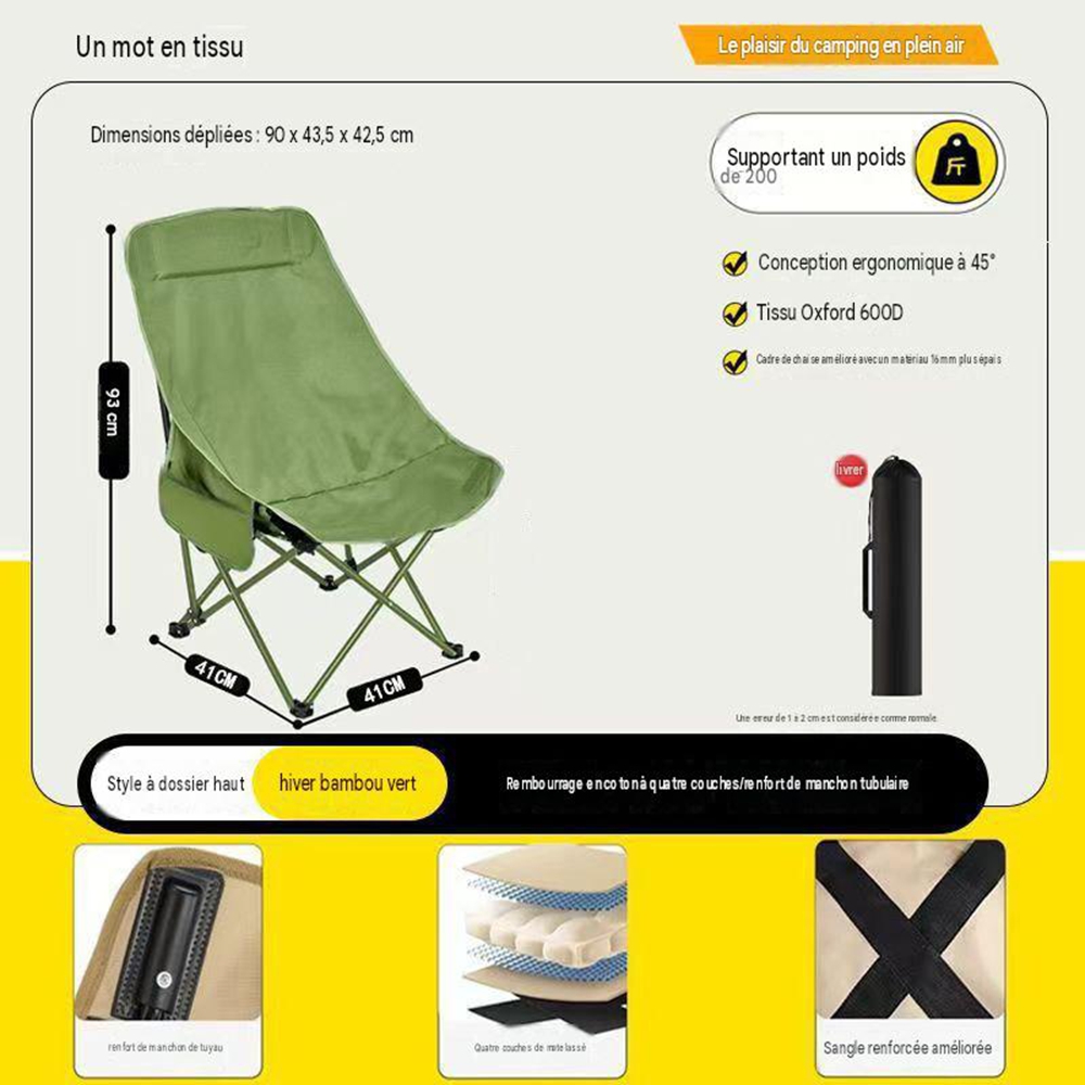 Tragbarer, Faltbarer Mondstuhl Mit Hoher Rückenlehne – Outdoor-stuhl Für Camping, Garten, Angeln Und Strand, Gerades Canvas, 1 Stück, Bambusgrün