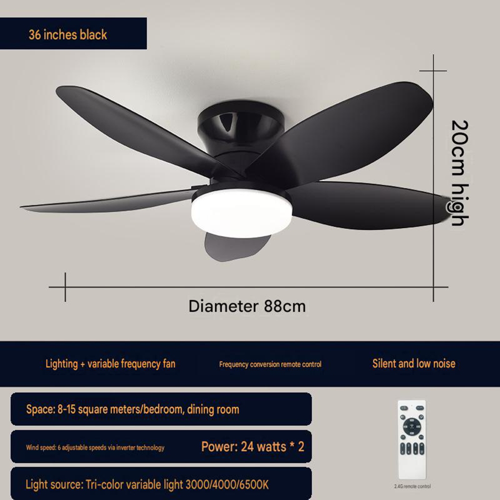 88 Cm (36 Zoll) Led-deckenventilator Mit Schwarzen Flügeln, Moderner, Leiser Deckenventilator Mit Licht Für Wohnzimmer, Schlafzimmer, Büro, Kostengünstige Kühlung, 1 Stück, Schwarz
