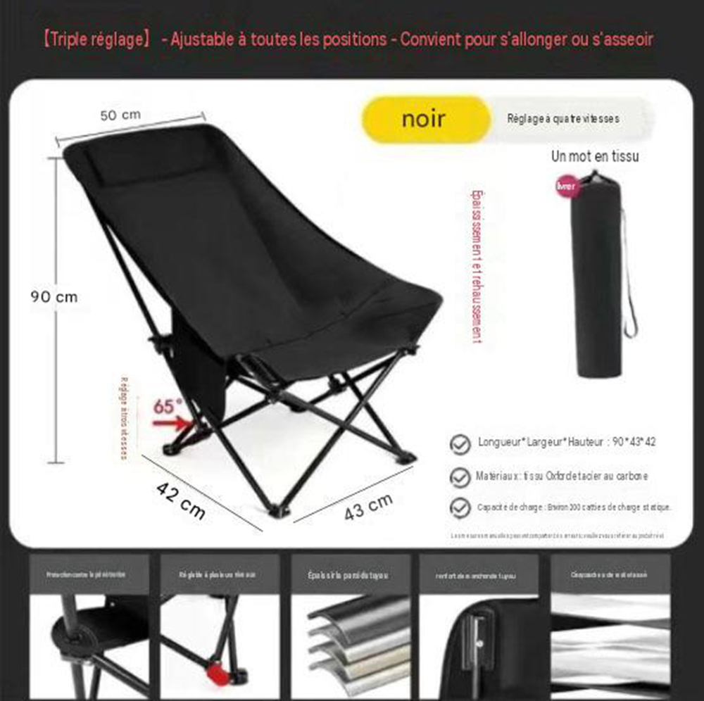 Verstellbarer, Klappbarer Mondstuhl Mit 3 Positionen – Campingstuhl Mit Hoher Rückenlehne Und Geradem Canvas-gewebe Für Garten, Strand Und Angeln, 1 Stück, Klassisches Schwarz