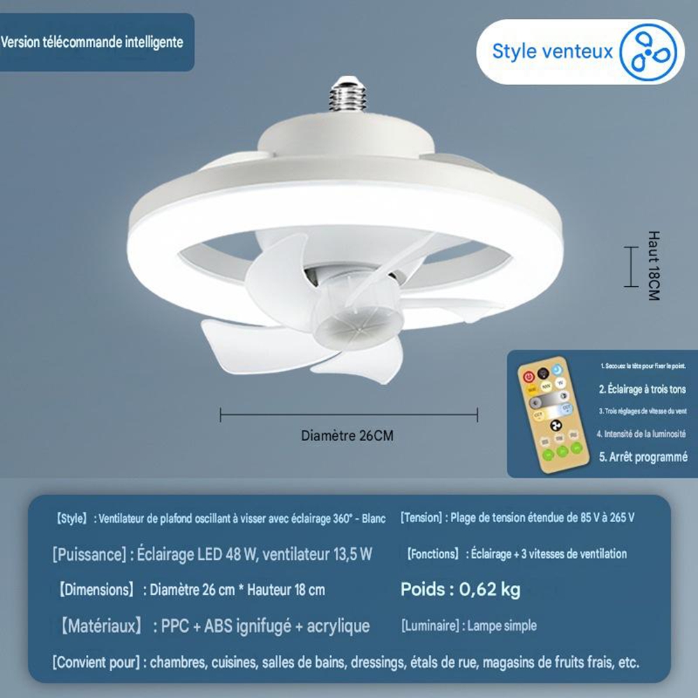 Led-deckenleuchte Mit E27-fassung Und Integriertem Deckenventilator – Leise Ventilatorlampe Mit Fernbedienung, 360°-oszillation, 3 Farb- Und 3 Geschwindigkeitsstufen, 1 Stück, Weiß