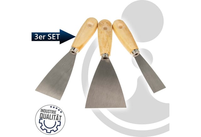EUROTOOLS Spachtel-Set 3-teilig 25 mm / 50 mm / 70 mm, mit Stahlklinge und Holzheft