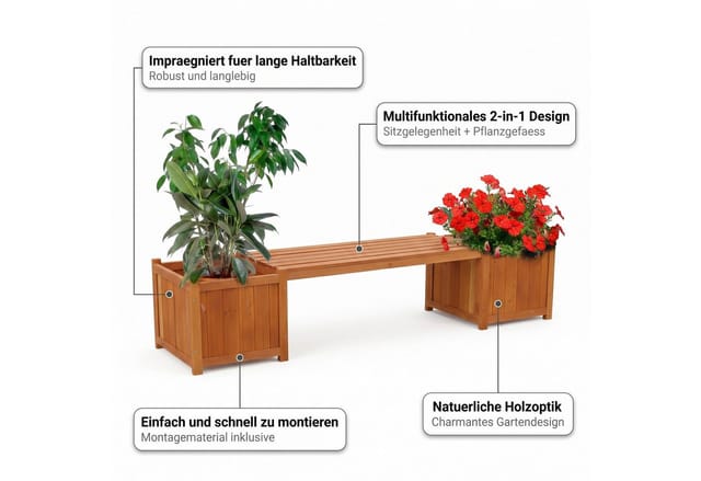 2in1 Gartenbank mit 2 Blumenkästen Holzbank Blumenkasten Holz Garten Bank