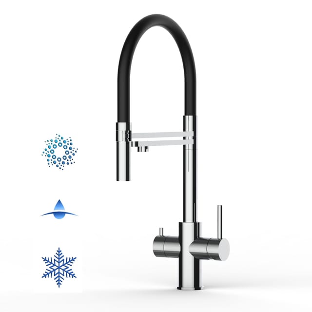 5 Wege Wasserhahn Edelstahl Massiv Kuechenarmatur mit Schwarz 360 schwenkbarem Auslauf und abnehmbare 2 strahl Handbrause - Edelstahl Hochglanz