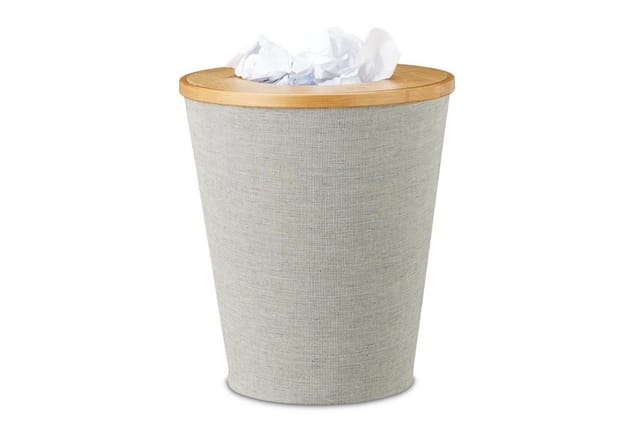 Papierkorb Bambus, runder Abfallkorb mit Inneneimer und magnetisch schließendem Deckel, 35 cm hoch, natur/grau - Relaxdays