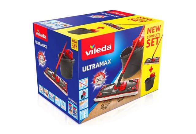 Ultramax - Reinigungsset, 2in1 Mikrofasermopp und -eimer mit Abstreifer, Eimer und Mopp mit Teleskopstange für alle Arten von Oberflächen - Vileda