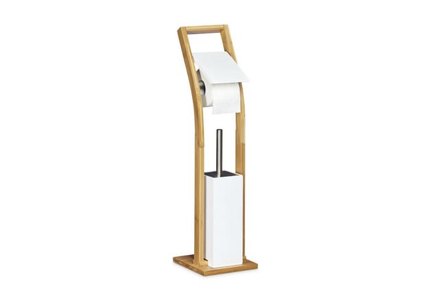 Stand wc Garnitur, HBT:75x19x19cm, Toilettenbürstenhalter aus Bambus mit Papierhalter, freistehend, natur/weiß - Relaxdays