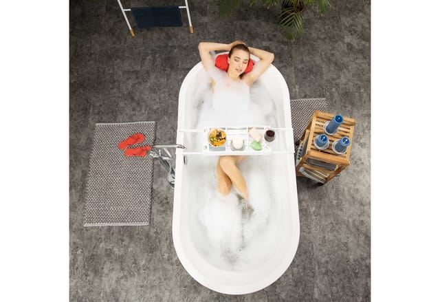 Relaxdays - Badewannenablage, ausziehbar, Badewannenbrett aus Bambus, Ablage für Seife, Schwamm, Handy, Weinhalter, weiß