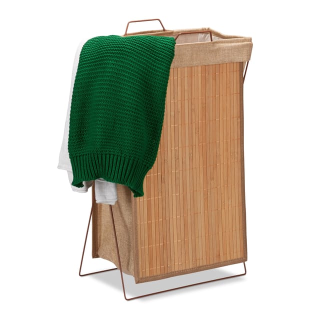 Wäschekorb Bambus, faltbar, 40 l, Metallgestell mit Griffen, Badezimmer, Wäschesammler, hbt: 61x38x22cm, natur - Relaxdays