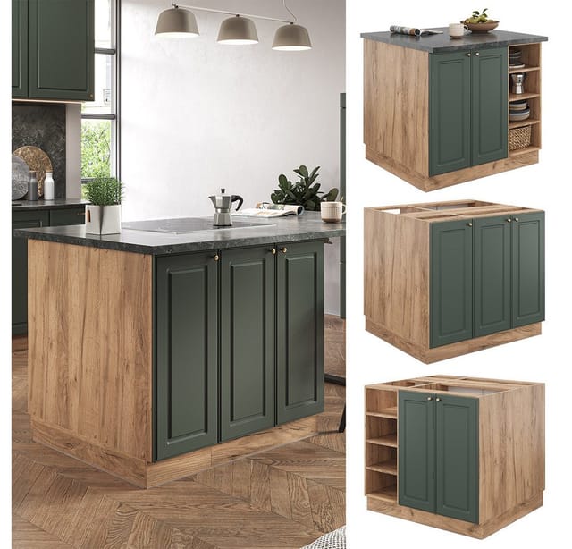 Vicco - Kücheninsel Fame-Line, Grün-Gold Landhaus/Goldkraft Eiche, 90 cm ohne Arbeitsplatte