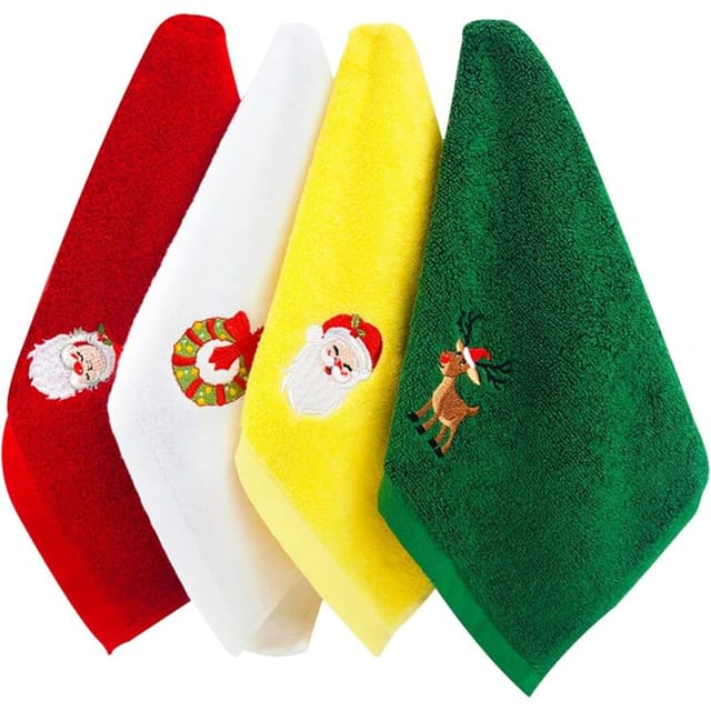 Weihnachtshandtücher, 4 Packungen Waschlappen, Handtücher aus reiner Baumwolle, dekoratives Badezimmer-Geschirrtuch-Set, Weihnachtsmuster-Design,