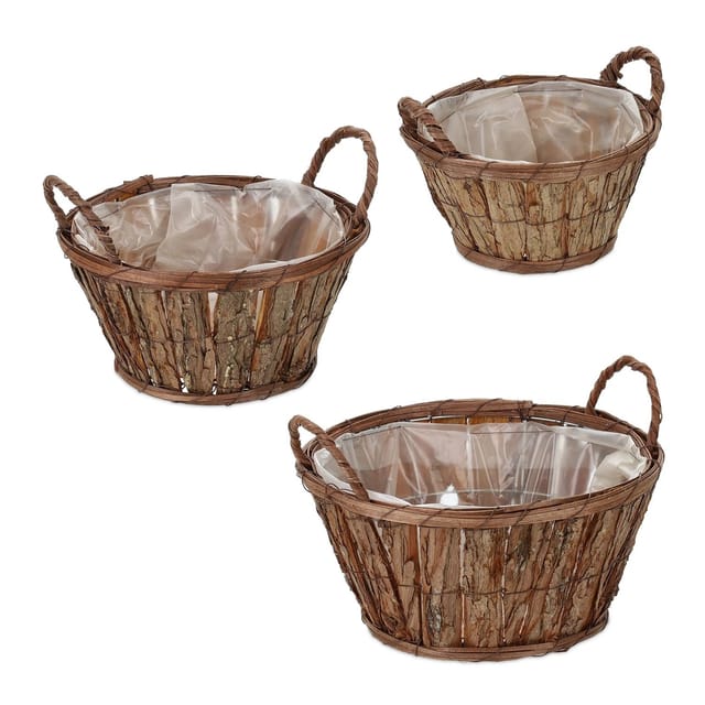 Relaxdays Blumentopf 3er Set, mit Rinde, für Blumen & Kräuter, Pflanzenkorb mit Folie, 3 Größen, Holz Pflanzgefäß, natur