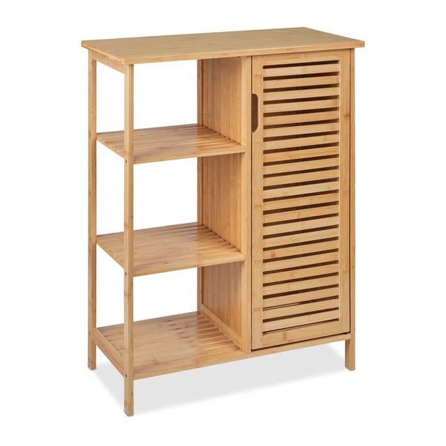 Relaxdays - Badschrank Bambus, 3 offene Ablagen & Schrankfach, hbt: 87,5 x 67 x 33 cm, stehendes Badregal mit Tür, natur