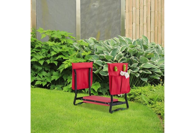 Relaxdays Kniebank mit Taschen, gepolstert, gelenkschonende Kniehilfe, bis 150 kg, klappbar, Gartenarbeit, schwarz/rot