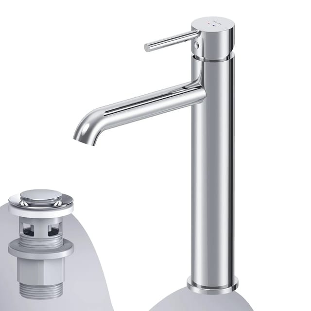 Badarmatur mit Pop-Up Ablaufventil für Waschbecken Wasserhahn Bad Chrom Waschtischarmatur mit Ablaufgarnitur 1 1/4 Zoll Messing Ventil Ablauf - Am.pm