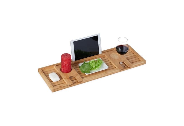 Relaxdays Badewannenablage Bambus, 73,5 cm breit, Badewannenbrett mit Glas- & Tablethalter, Badewannentablett, natur