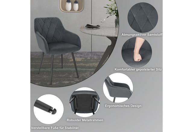 WOLTU 4er Set Esszimmerstühle mit Armlehne Rückenlehne, Stuhl im Esszimmer mit Samtbezug, bequemer Polsterstuhl, Küchenstuhl mit Metallbeinen,