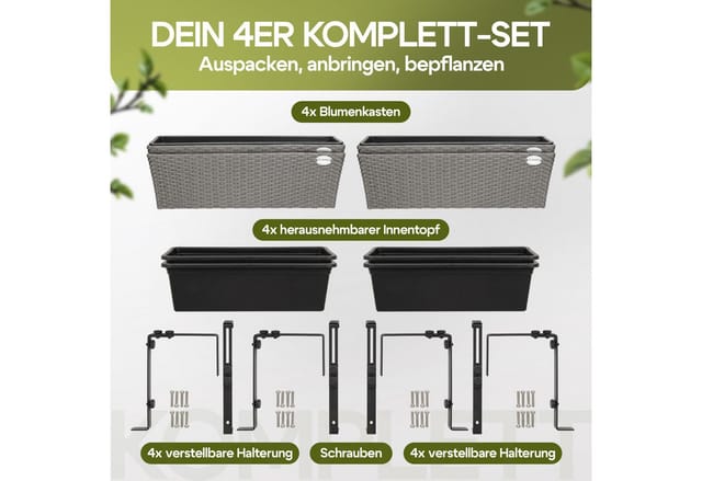 Blumenkasten 4er Set 11 Liter Montagehalterung Indoor Outdoor Geländerkasten Balkonkasten Pflanzkasten Farbwahl Grau - Casaria