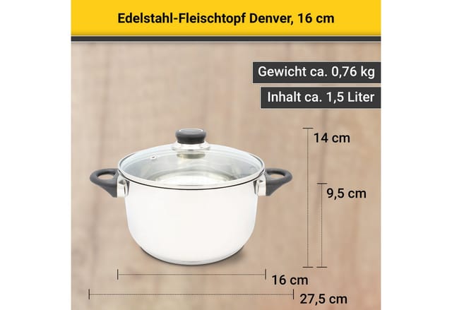 Fleischtopf 'Denver' 16 cm Edelstahl mit Glasdeckel
