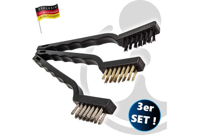 Eurotools - Drahtbürstensatz 3-teilig, Stahl-,Messing- und Kunststoffborsten, 175 mm