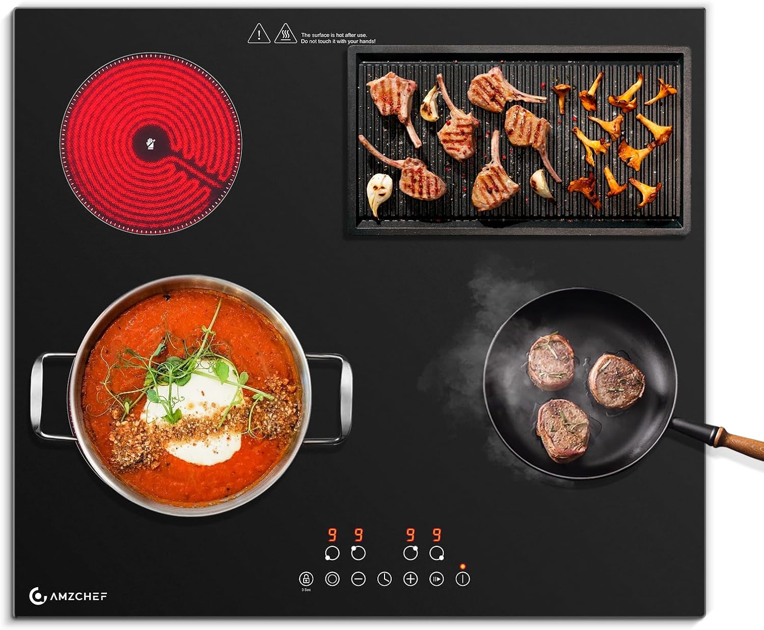 Glaskeramikkochfeld 4 Platten 7200w, Herdplatte 4 Kochfelder 60 Cm, 9 Leistungsstufen, Dual-/ovalzonen Für Grillen, Heizpause-funktion, Kompatibel Mit Allem Kochgeschirr, Schwarz