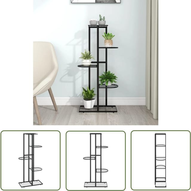 The Living Store Blumenständer 5-Etagen 43x22x98 cm Schwarz Metall - Pflanzenständer - Blumenträger - Metallregal - Gartendekoration - Balkonmöbel