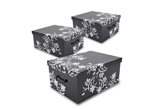 3er Set Aufbewahrungsbox mit Deckel 51 x 37 cm - Schwarz mit Blumenmuster - Stapelbox aus Pappe mit Griffen 45 l - Organizer Storage Box Allzweck