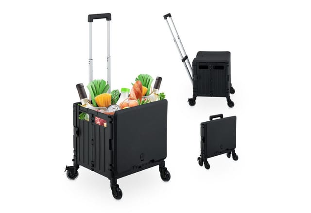 Einkaufstrolley, klappbar, Einkaufskorb mit Lenkrollen, Deckel & Teleskopgriff, bis 35 kg, Rollkiste, schwarz - Relaxdays