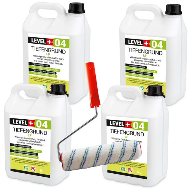 Level+ - level+ Grundierung Acryl Tiefgrund 20L + Farbroller 25cm L+04