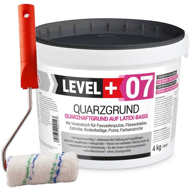 Level+ - level+ Quarzgrund Grundierung Putzhaftgrund Holz osb 4KG + Farbroller 10cm L+07