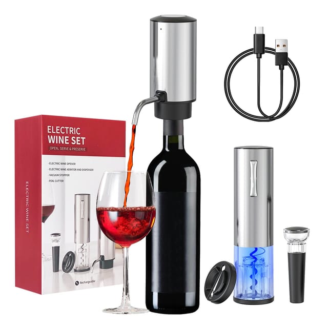 Elektrischer Weinflaschenöffner Set, 4-in-1 Weinöffner Set mit Wiederaufladbarer Korkenzieher, Automatischer Weinbelüfter, Folienschneider und Vakuum