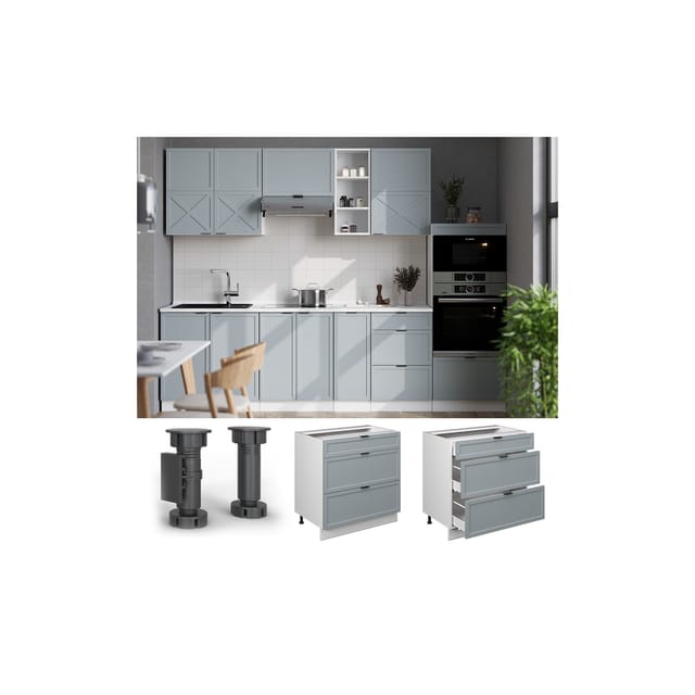Vicco - Küchenunterschrank Fame-Line, Hellblau-grau, 80 cm mit 3 Schubladen, ap Eiche