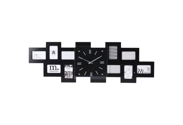 Wanduhr mit 10 schwarzen Bilderrahmen, 80 x 4 x 26 cm