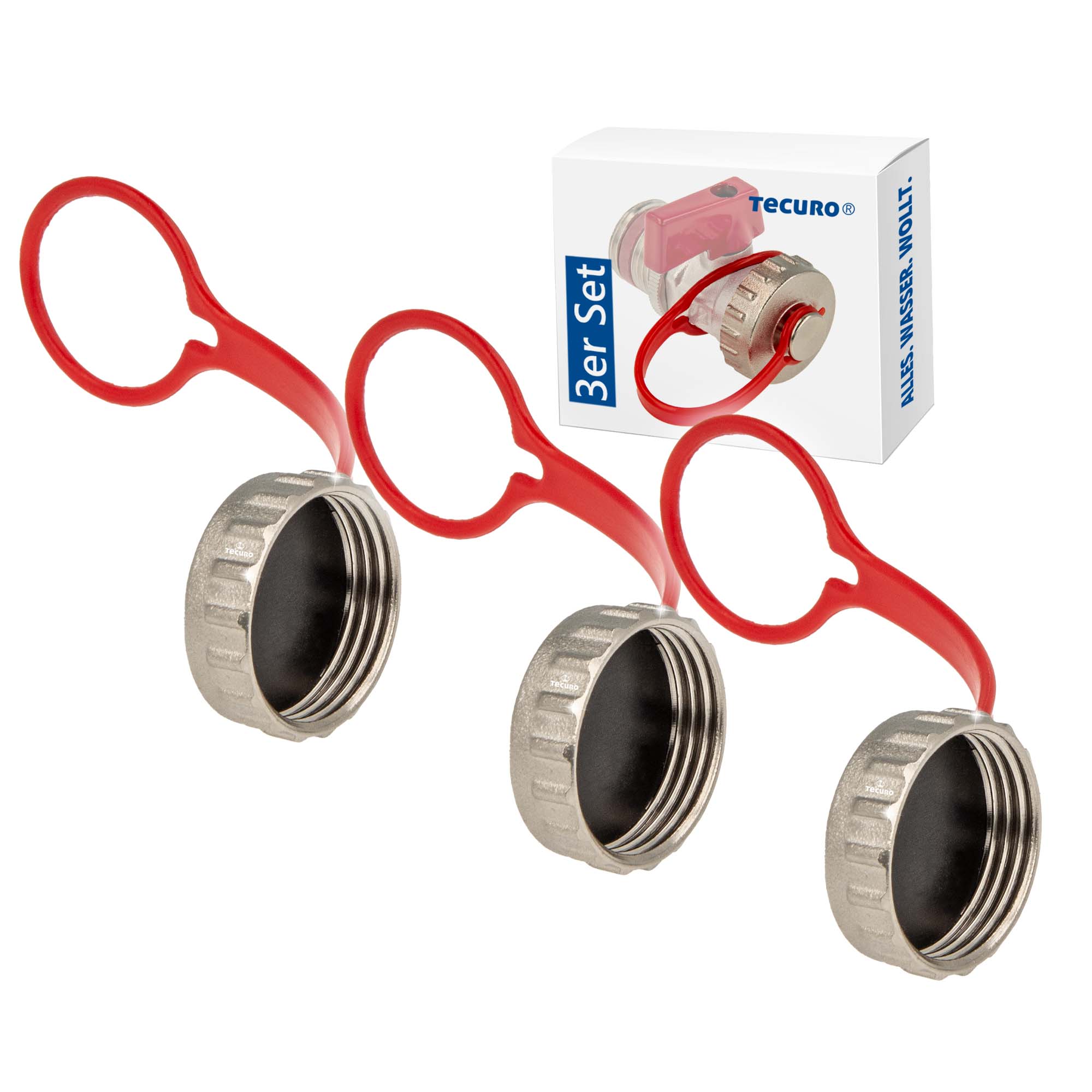 Tecuro - 3 Stück Kappe 3/4 Zoll für KFE-Hahn - mit Dichtung - Messing, vernickelt