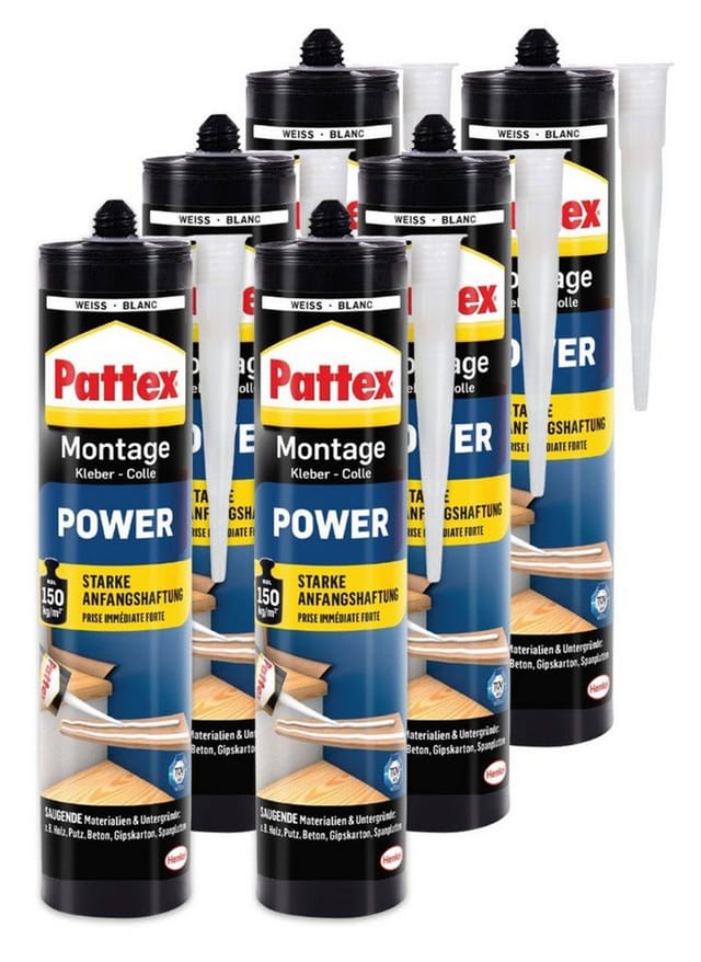 Pattex - 6x Montagekleber power Montage 370g Klebstoff Weiß starke Haftung Kartusche
