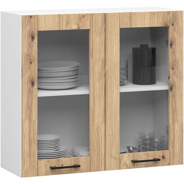 Akord - Küchenvitrine Weiß 80 cm 2 Türen Front Artisan Eiche 2 Regalböden B80xH30,5xT72 cm